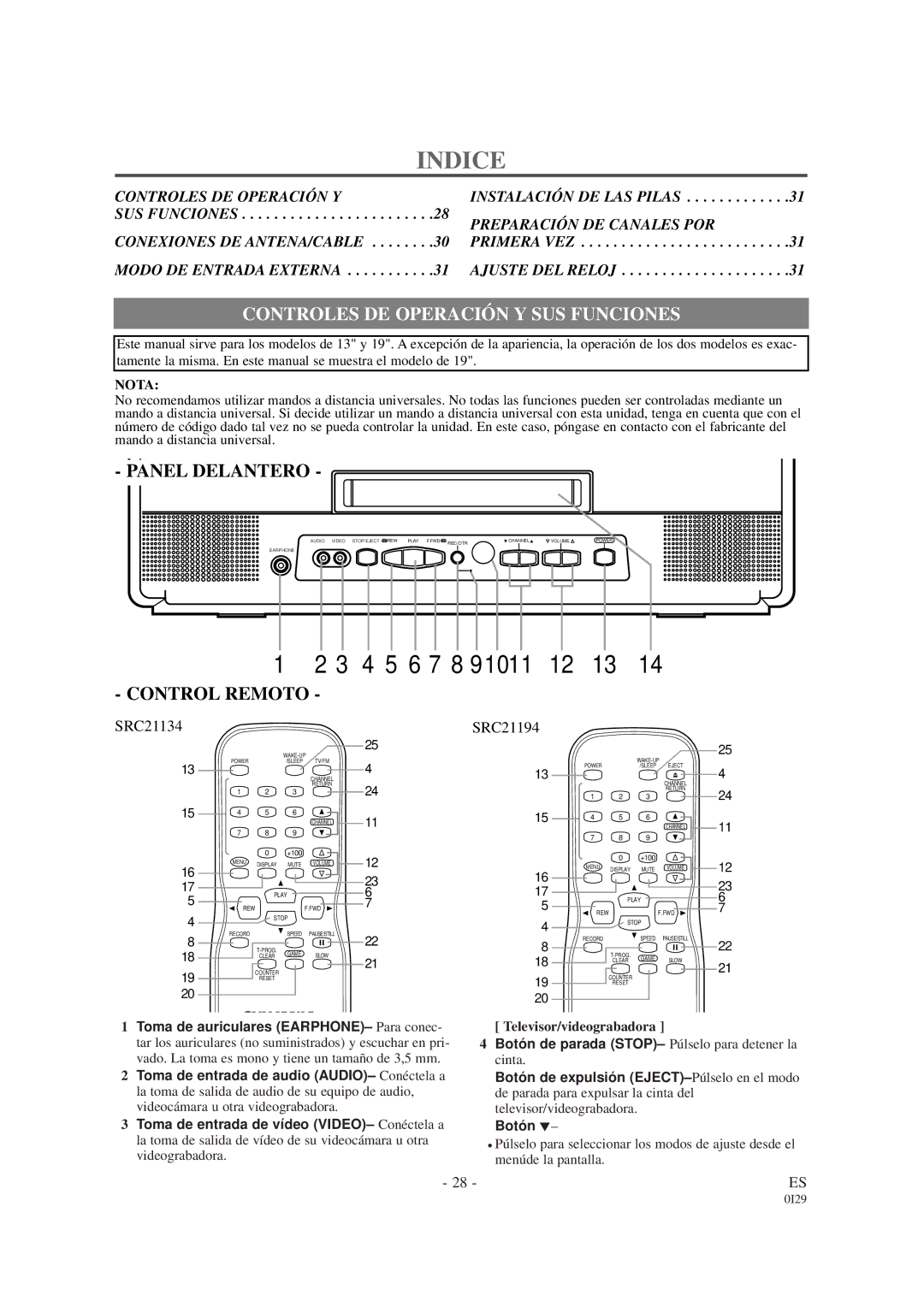 Sylvania SRC21194, SRC21134 owner manual Indice, Controles DE Operación Y SUS Funciones 