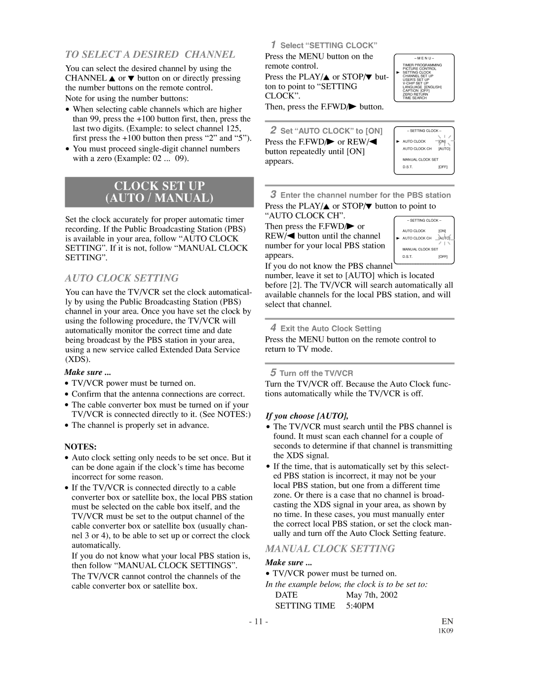 Sylvania SRC2213 Clock SET UP Auto / Manual, To Select a Desired Channel, Auto Clock Setting, Manual Clock Setting 