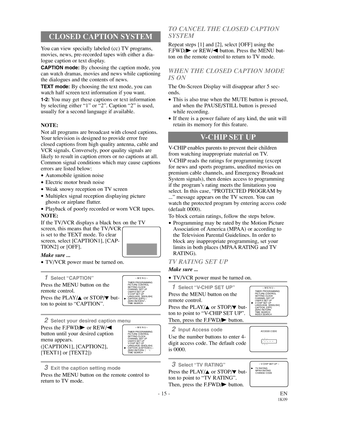 Sylvania SRC2213 owner manual Chip SET UP, To Cancel the Closed Caption System, When the Closed Caption Mode is on 