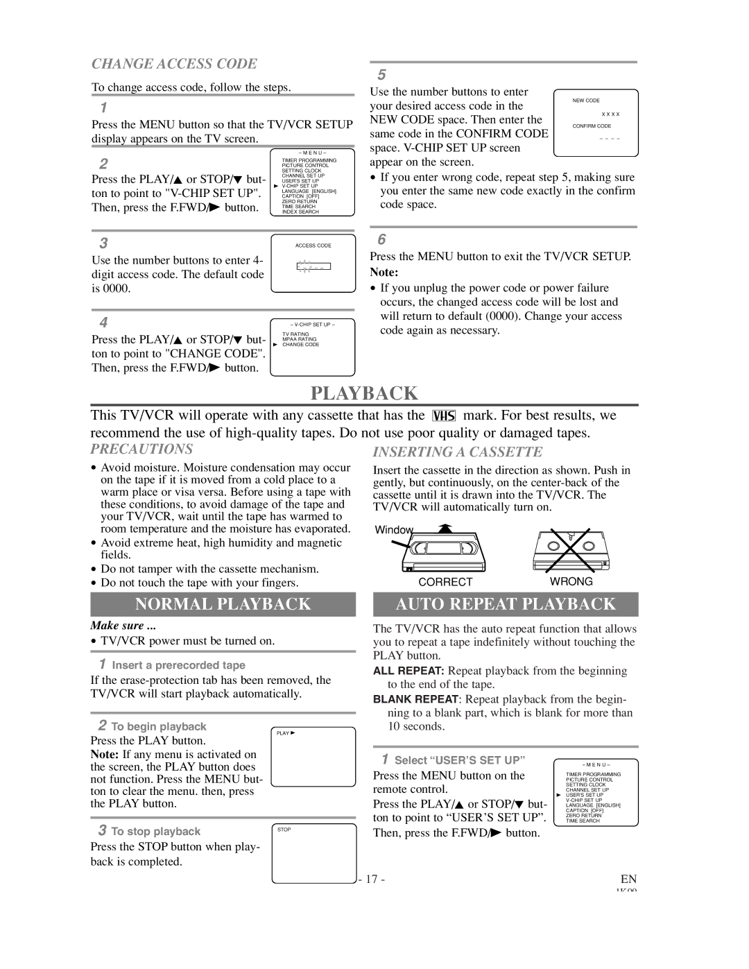 Sylvania SRC2213 owner manual Normal Playback, Auto Repeat Playback, Change Access Code, Precautions 