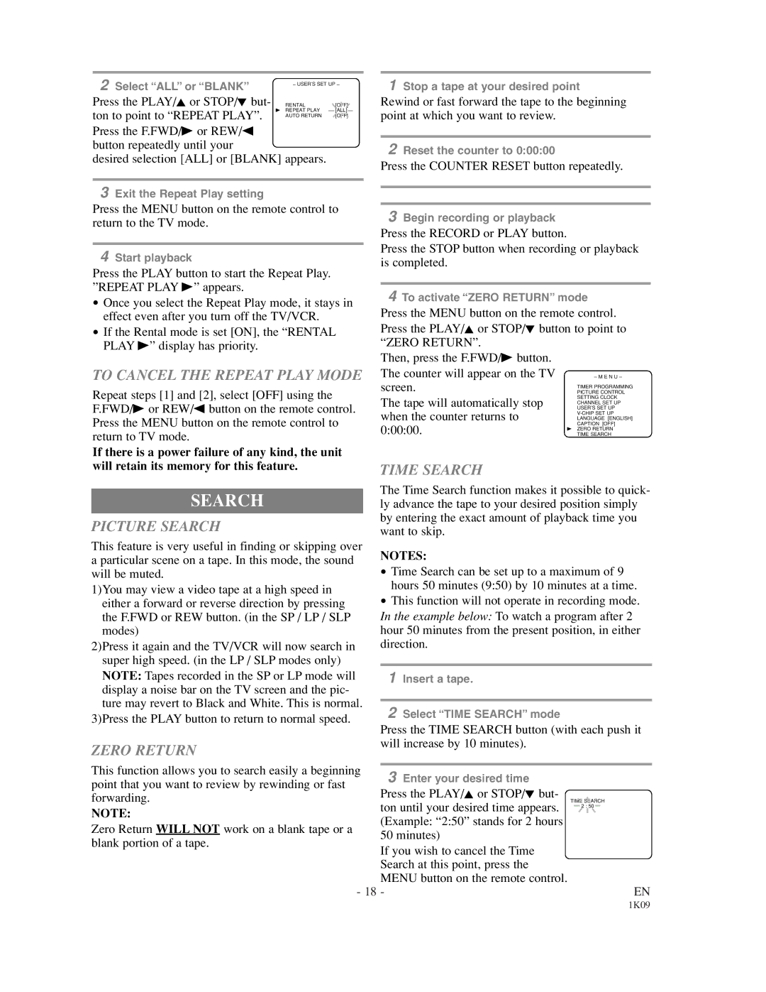 Sylvania SRC2213 owner manual To Cancel the Repeat Play Mode, Picture Search, Time Search, Zero Return 