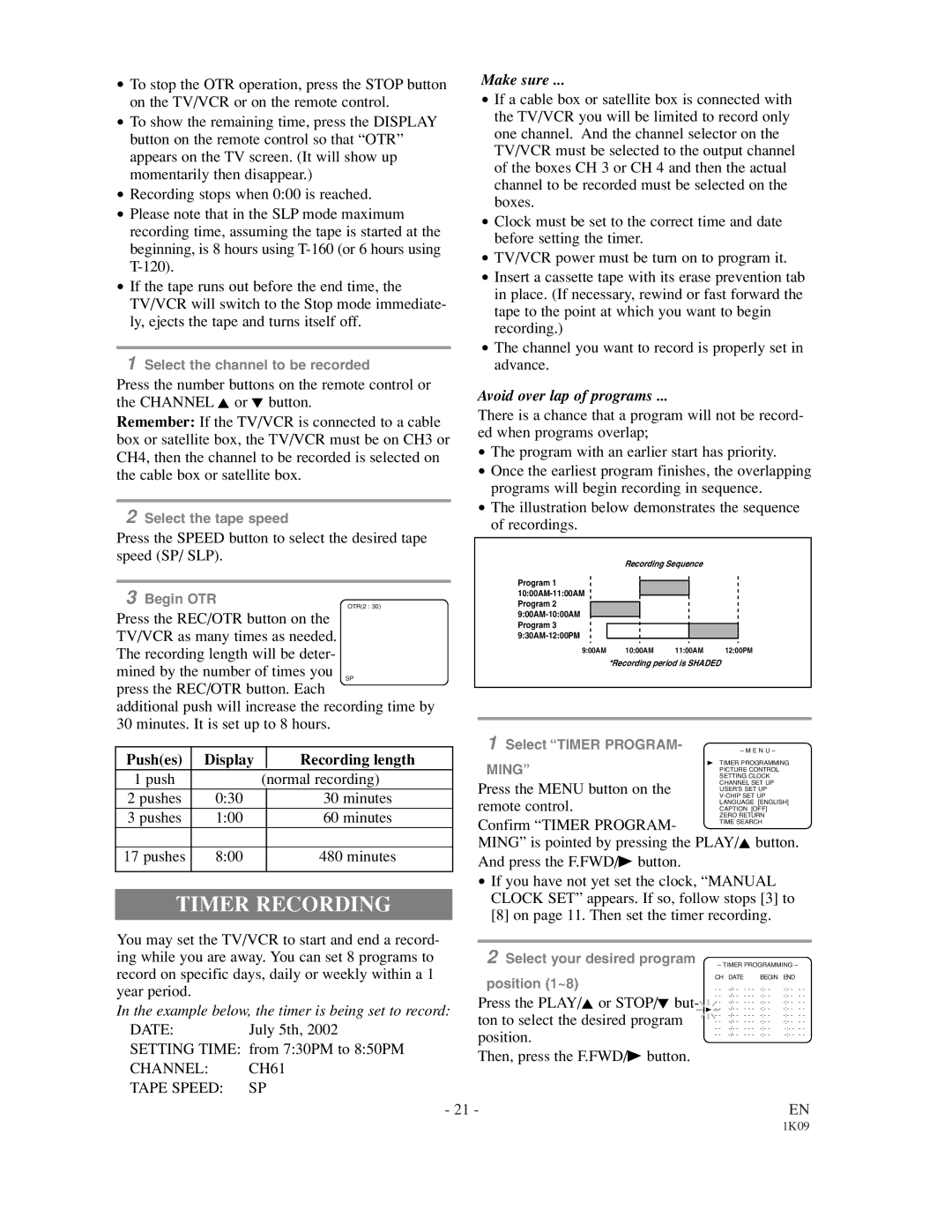 Sylvania SRC2213 owner manual Timer Recording, Pushes Display Recording length, Channel CH61, Tape Speed SP 