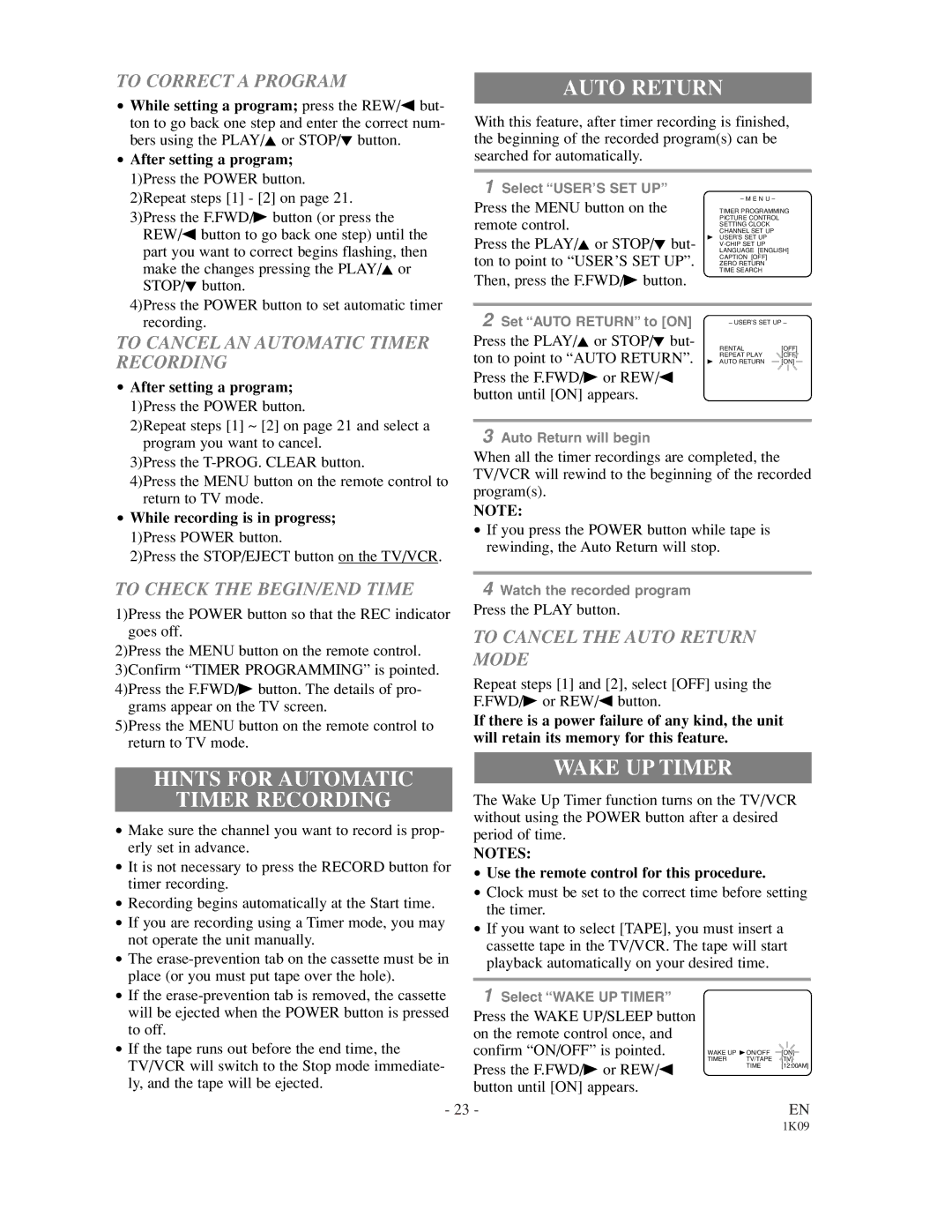 Sylvania SRC2213 owner manual Auto Return, Hints for Automatic Timer Recording, Wake UP Timer 