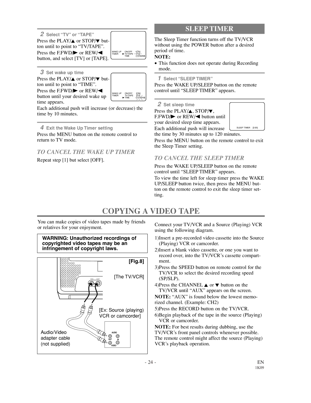 Sylvania SRC2213 owner manual Copying a Video Tape, To Cancel the Wake UP Timer, To Cancel the Sleep Timer 