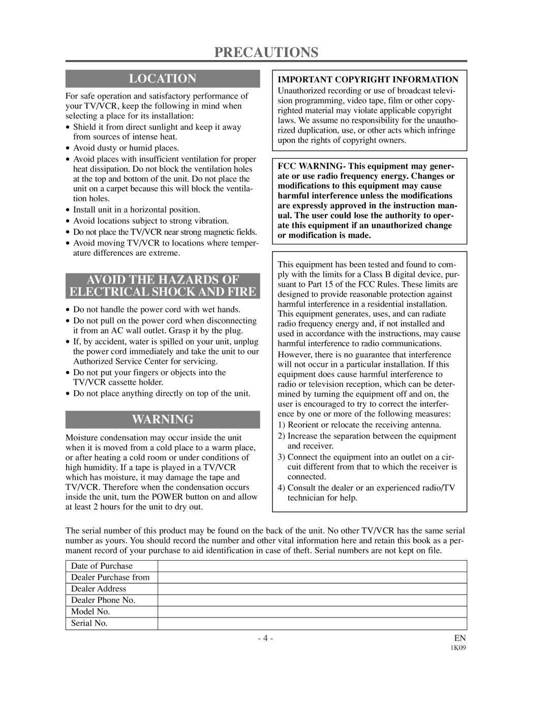 Sylvania SRC2213 Precautions, Location, Avoid the Hazards Electrical Shock and Fire, Important Copyright Information 