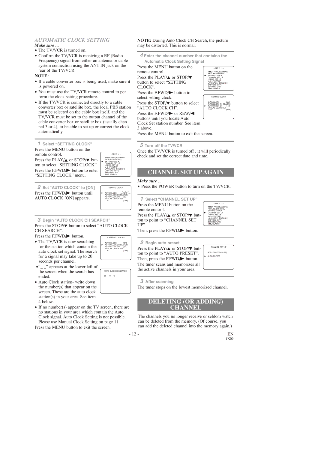 Sylvania SRC2213B owner manual Channel SET UP Again, Deleting or Adding, Automatic Clock Setting 