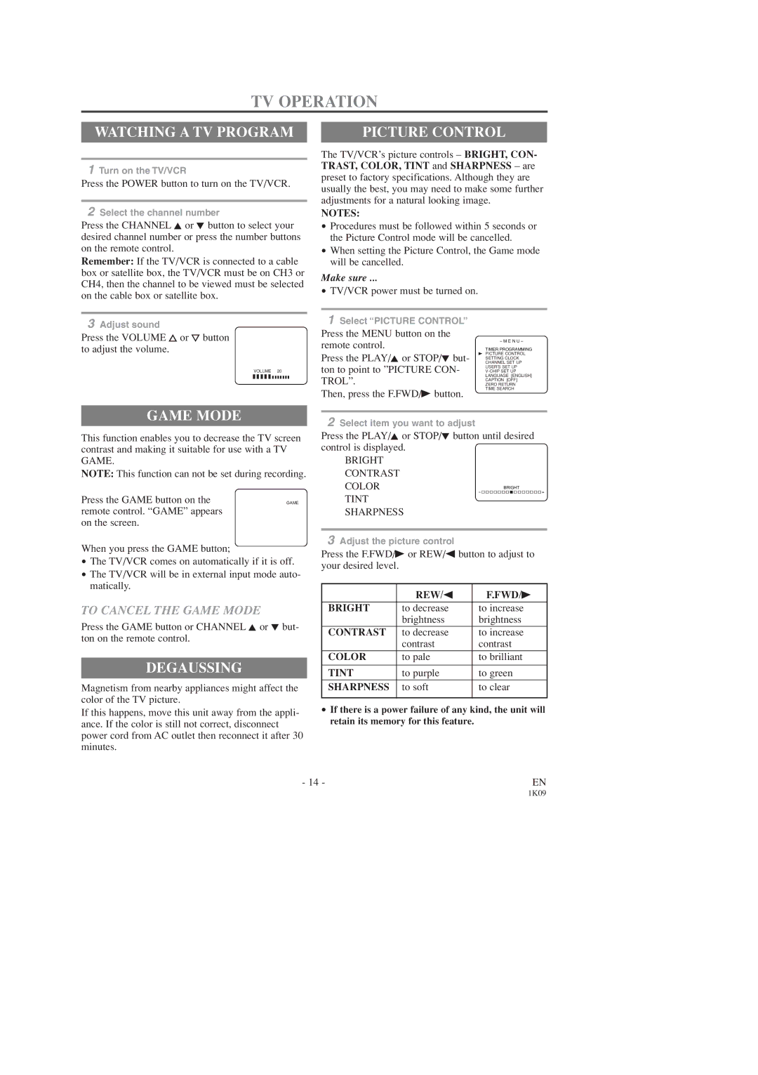 Sylvania SRC2213B owner manual TV Operation, Watching a TV Program, Picture Control, Game Mode, Degaussing 