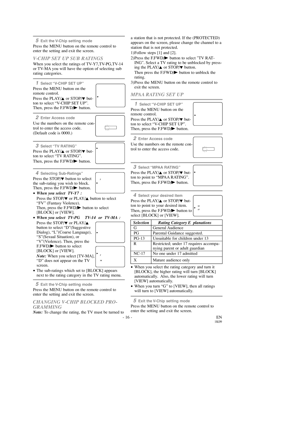 Sylvania SRC2213B owner manual Chip SET UP SUB Ratings, Mpaa Rating SET UP, Changing V-CHIP Blocked PRO, Gramming 