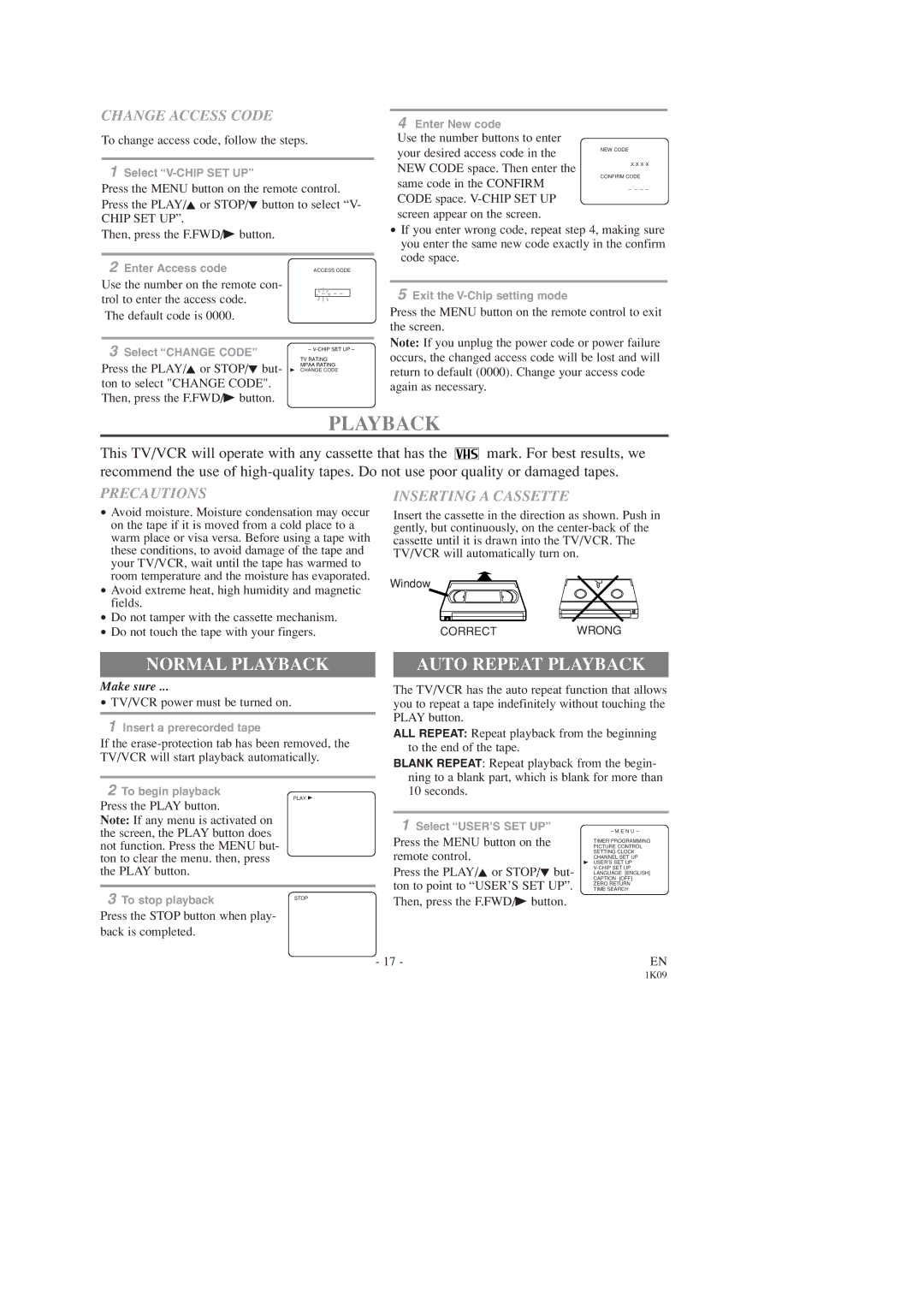 Sylvania SRC2213B owner manual Normal Playback, Auto Repeat Playback 