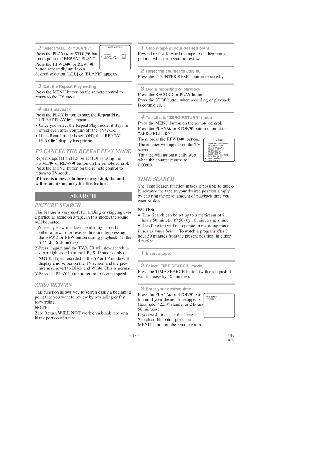 Sylvania SRC2213B owner manual To Cancel the Repeat Play Mode, Picture Search, Zero Return, Time Search 