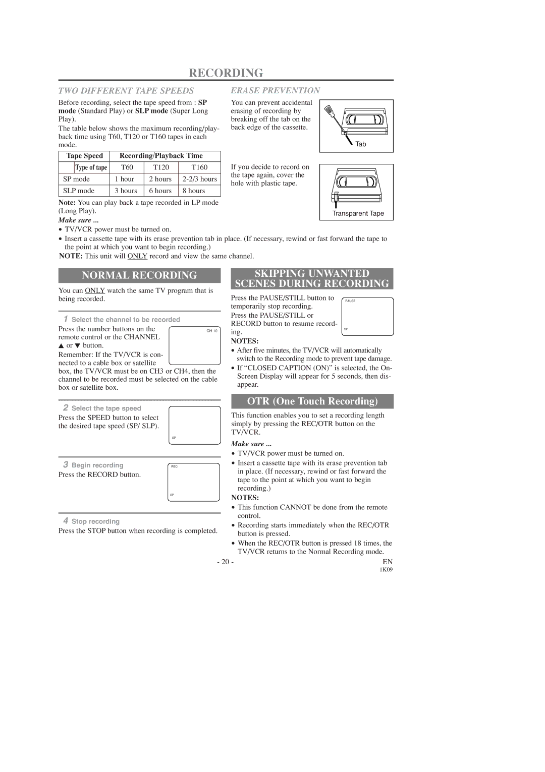 Sylvania SRC2213B owner manual Normal Recording Skipping Unwanted Scenes During Recording, TWO Different Tape Speeds 