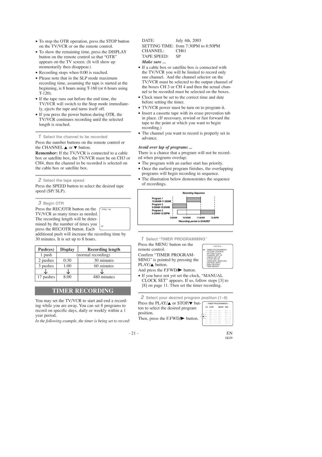 Sylvania SRC2213B Timer Recording, Pushes Display Recording length, Channel CH61 Tape Speed SP, Avoid over lap of programs 