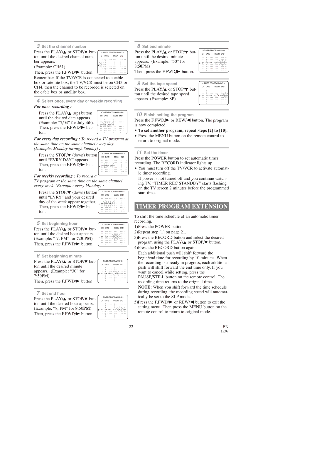 Sylvania SRC2213B owner manual Timer Program Extension, For once recording, For weekly recording To record a 