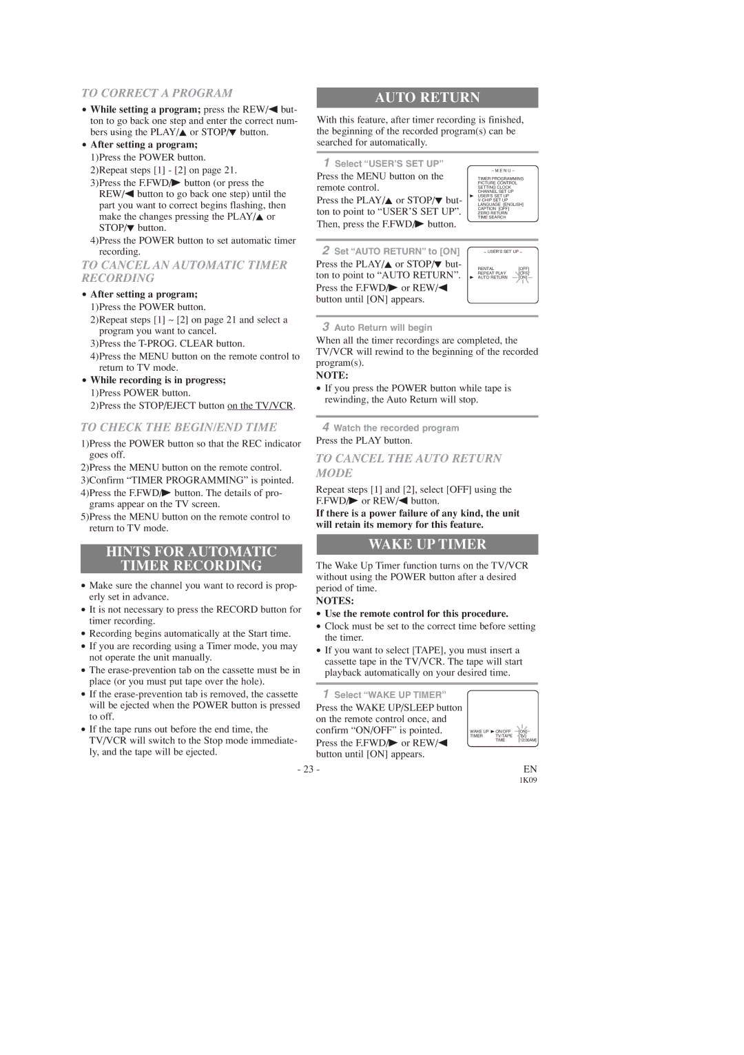 Sylvania SRC2213B owner manual Auto Return, Hints for Automatic Timer Recording, Wake UP Timer 