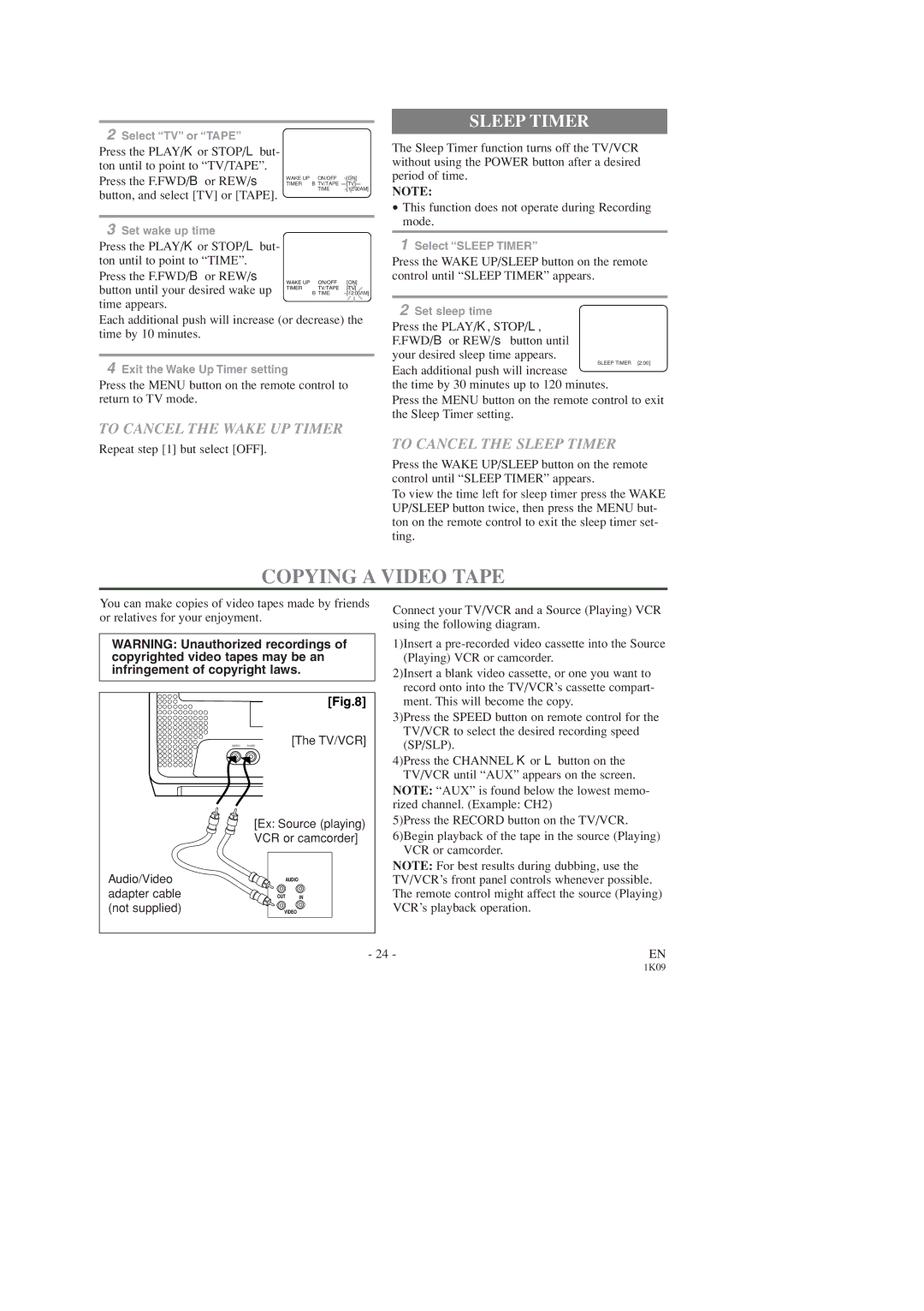 Sylvania SRC2213B owner manual Copying a Video Tape, To Cancel the Wake UP Timer, To Cancel the Sleep Timer 