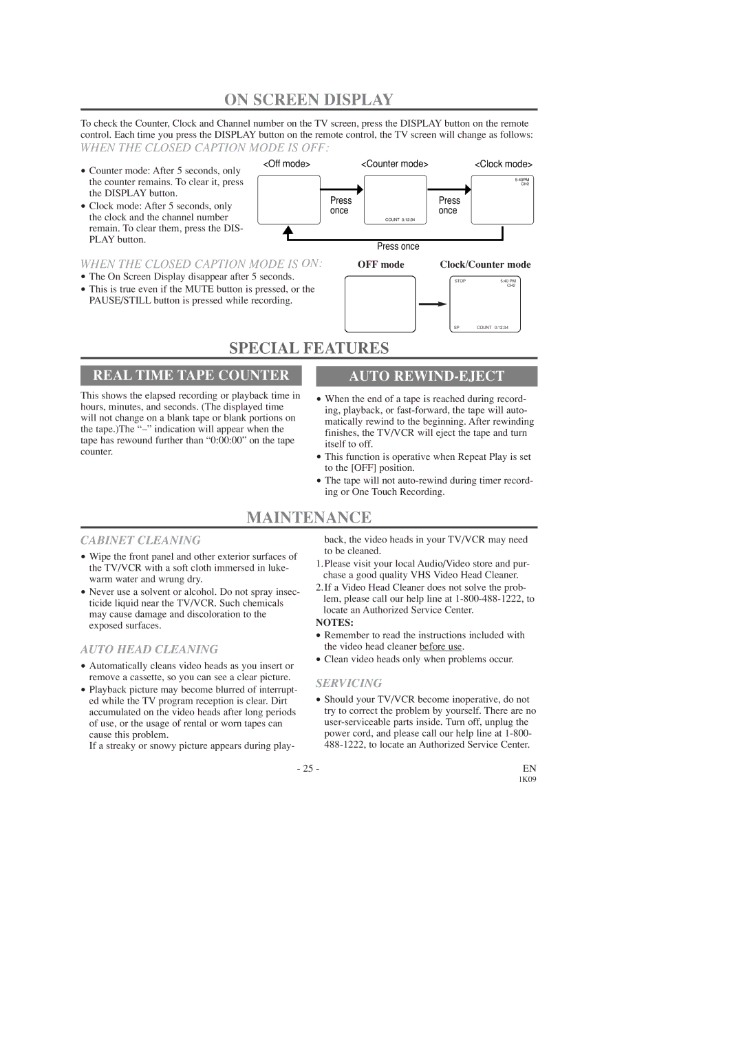 Sylvania SRC2213B owner manual On Screen Display, Special Features, Maintenance, Real Time Tape Counter, Auto REWIND-EJECT 