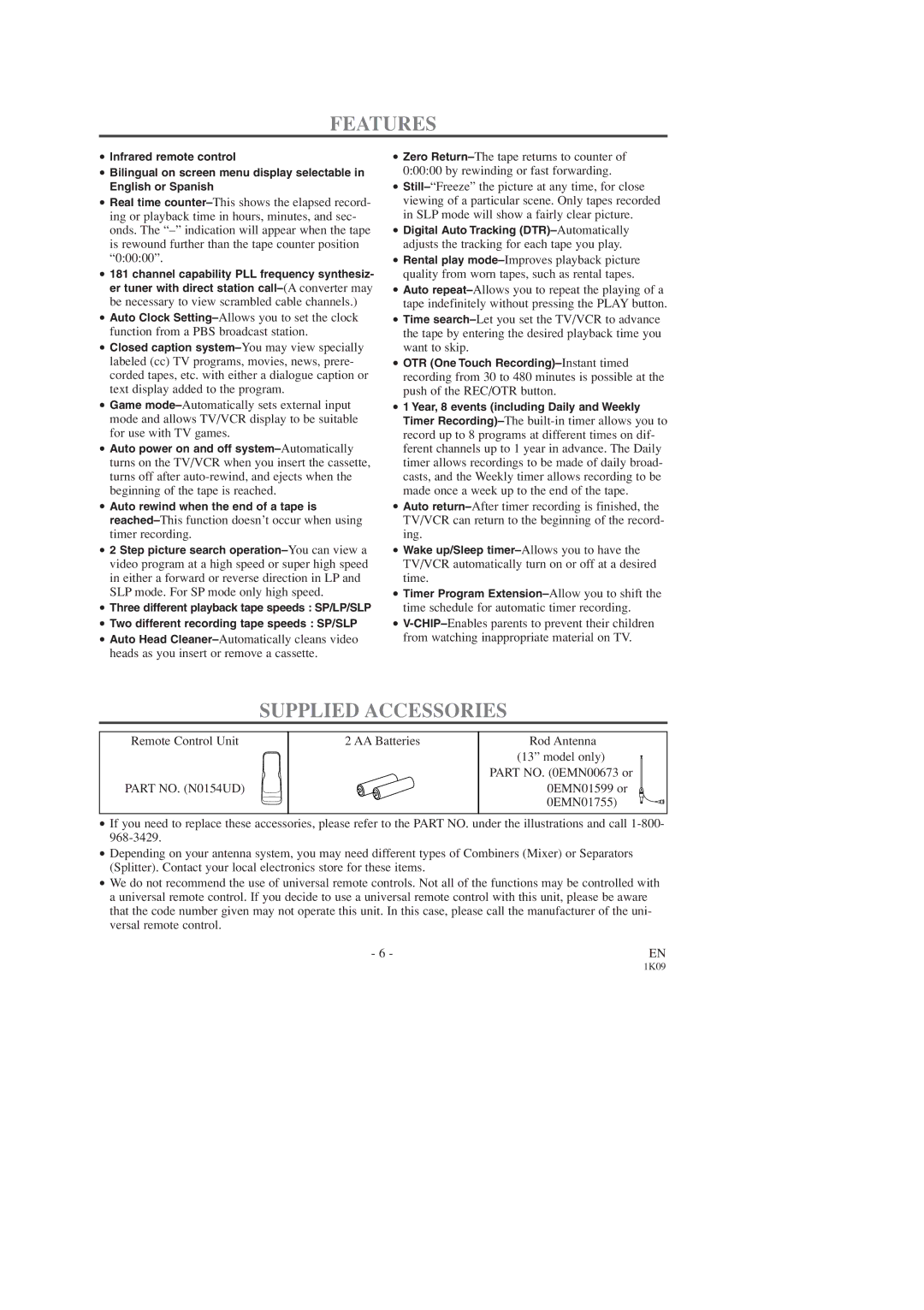 Sylvania SRC2213B owner manual Features, Supplied Accessories 