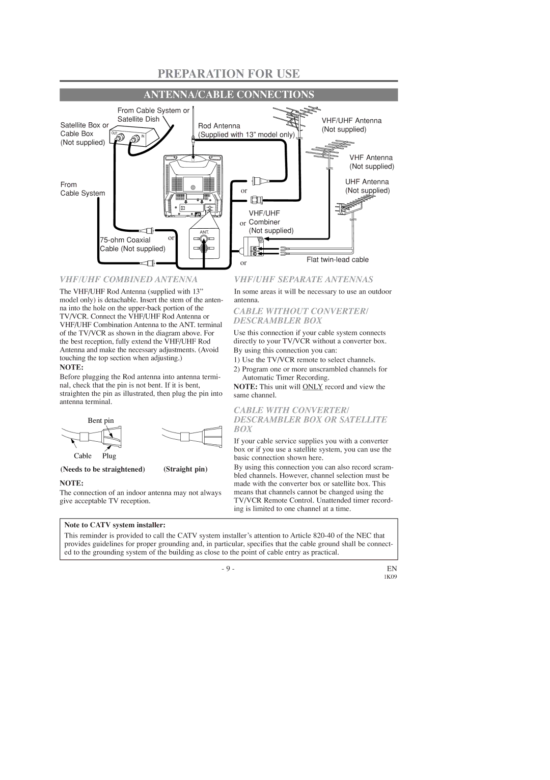 Sylvania SRC2213B owner manual Preparation for USE, ANTENNA/CABLE Connections 