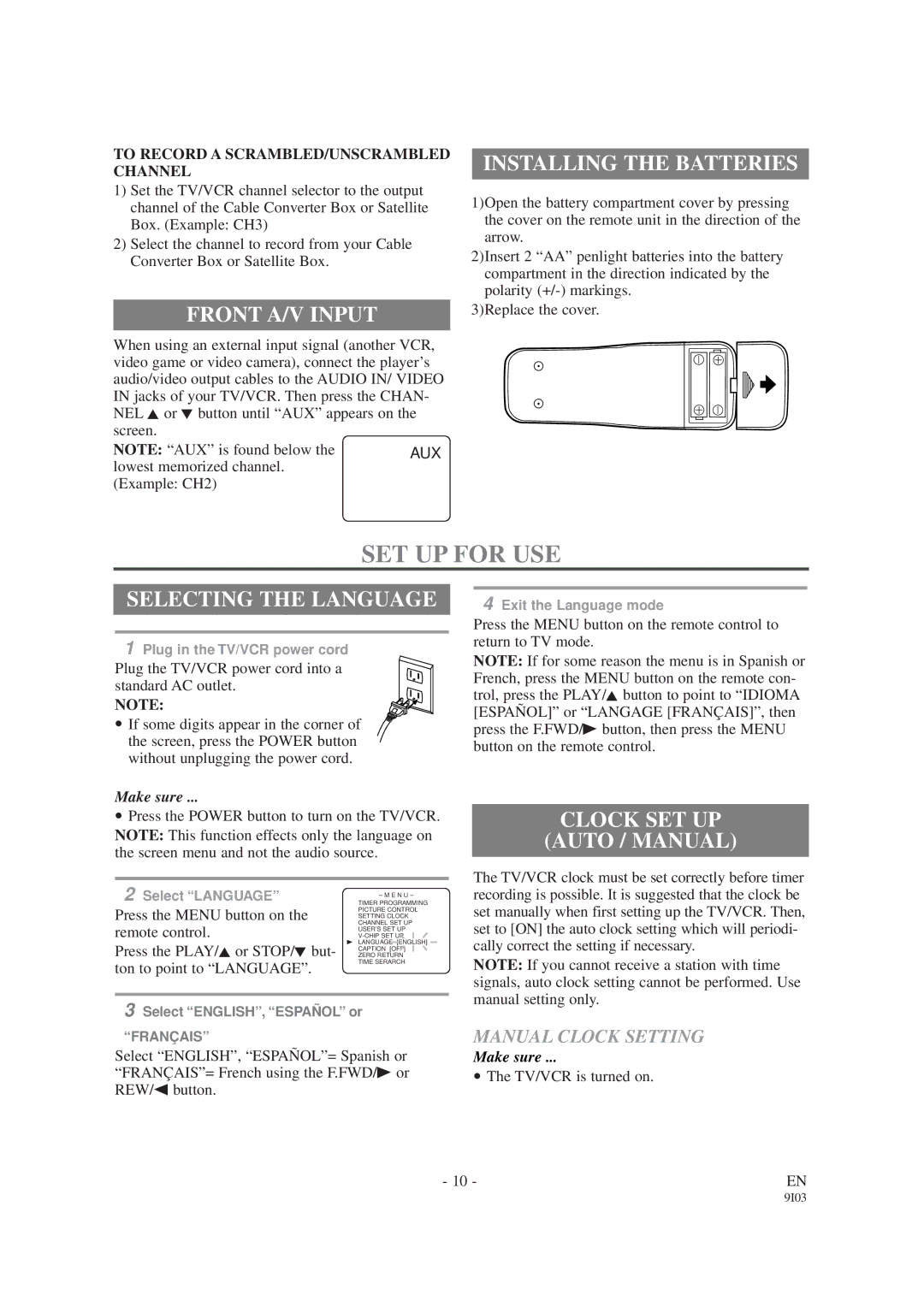 Sylvania SRC2213E owner manual SET UP for USE, Front A/V Input, Installing the Batteries, Selecting the Language 