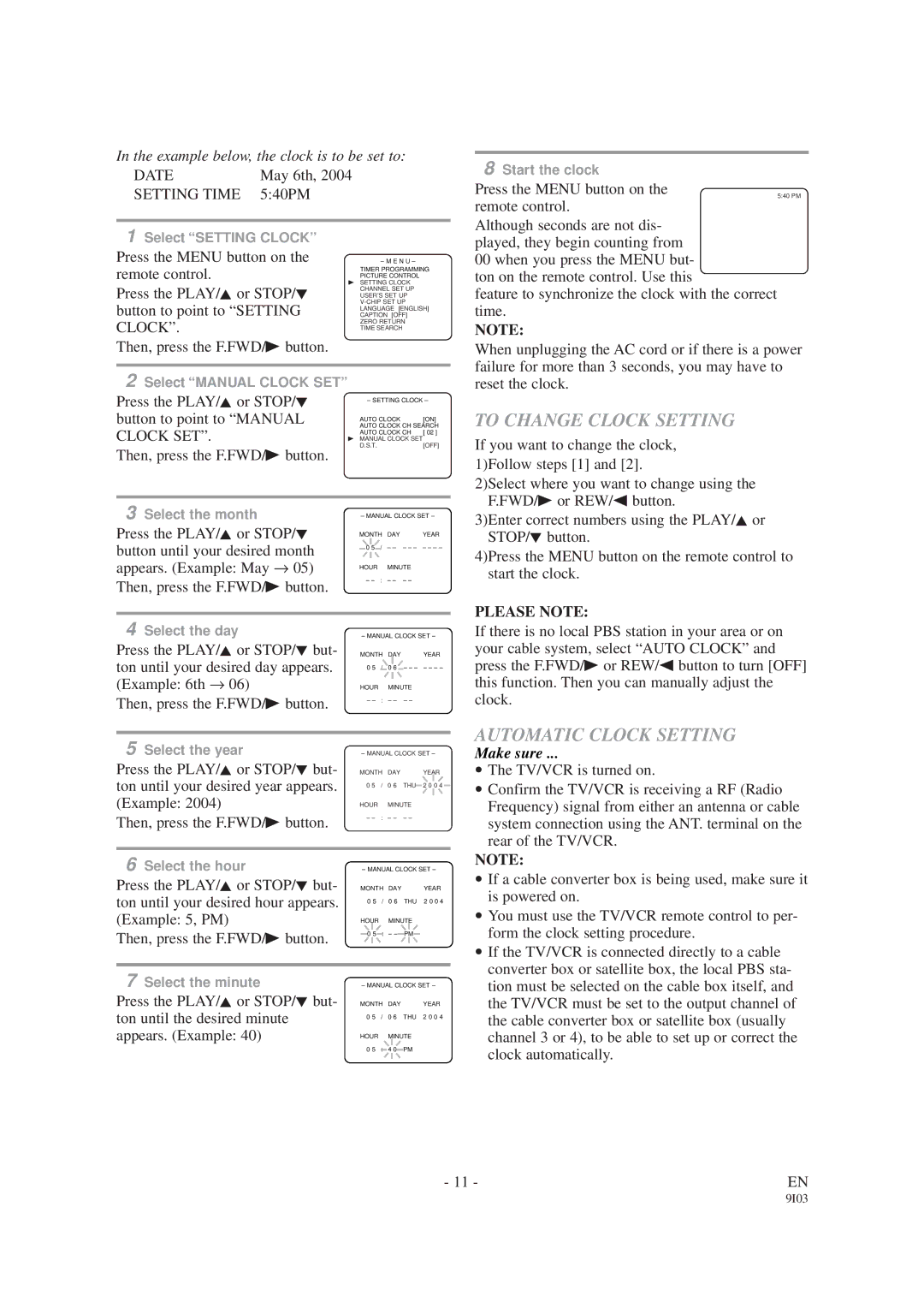 Sylvania SRC2213E owner manual To Change Clock Setting, Automatic Clock Setting, Please Note 