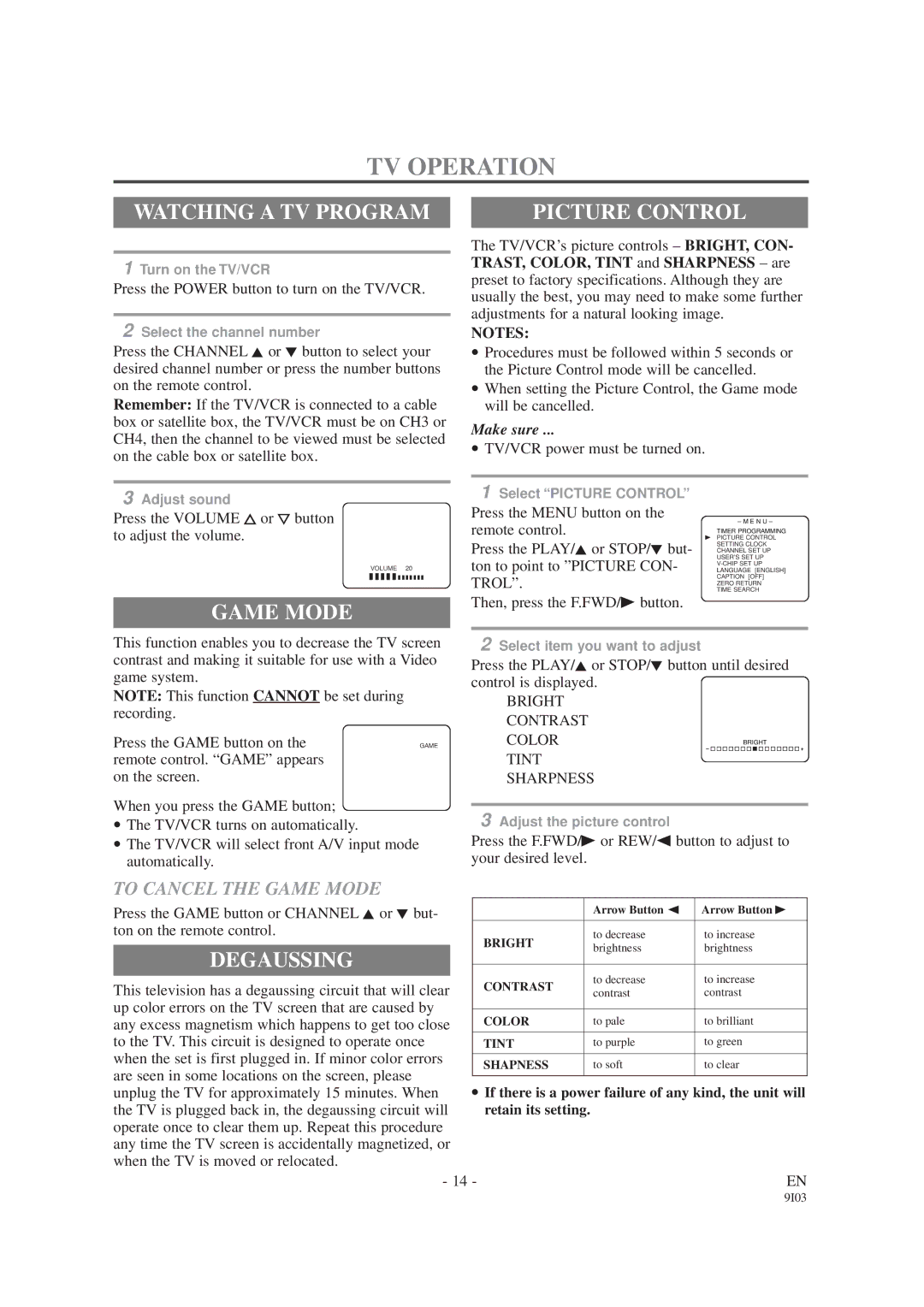 Sylvania SRC2213E owner manual TV Operation, Watching a TV Program, Degaussing, To Cancel the Game Mode 