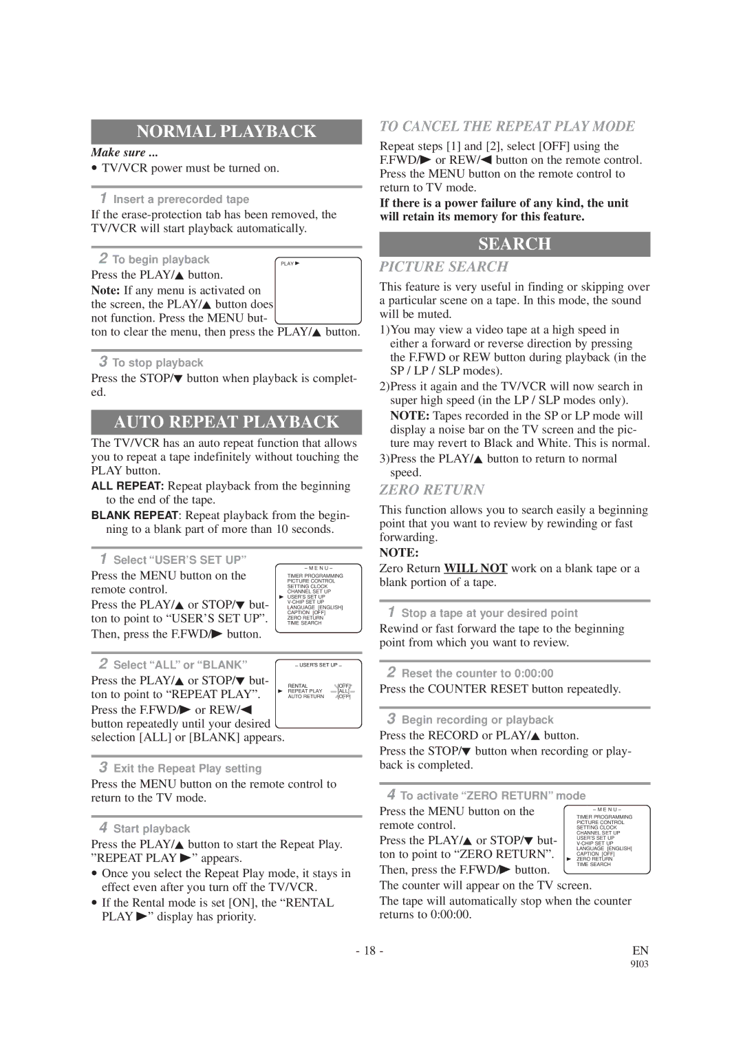 Sylvania SRC2213E owner manual Normal Playback, Auto Repeat Playback, Search 