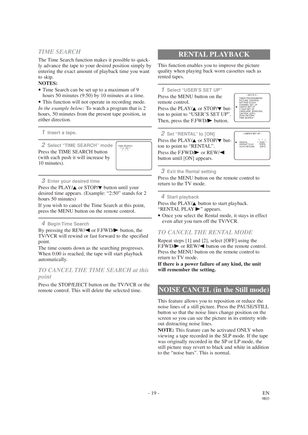 Sylvania SRC2213E owner manual Rental Playback, Time Search, To Cancel the Rental Mode 