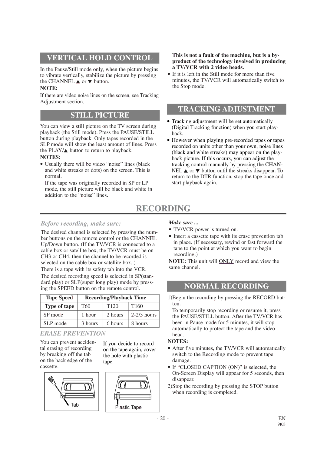 Sylvania SRC2213E owner manual Vertical Hold Control, Still Picture, Tracking Adjustment, Normal Recording 