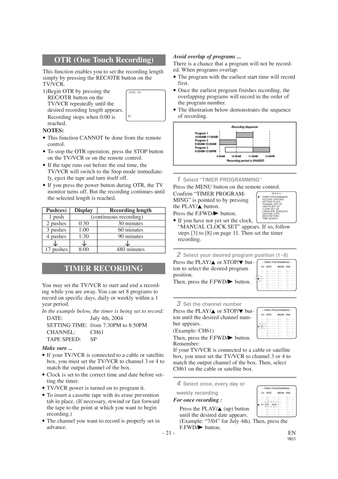 Sylvania SRC2213E owner manual Timer Recording, Channel CH61 Tape Speed SP, Avoid overlap of programs, For once recording 