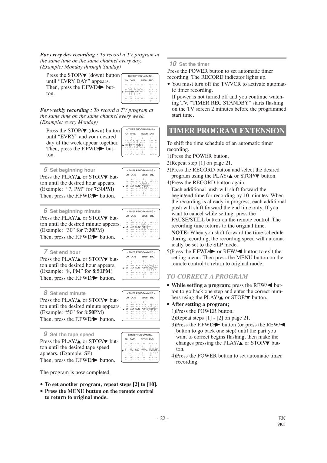 Sylvania SRC2213E owner manual Timer Program Extension, To Correct a Program 