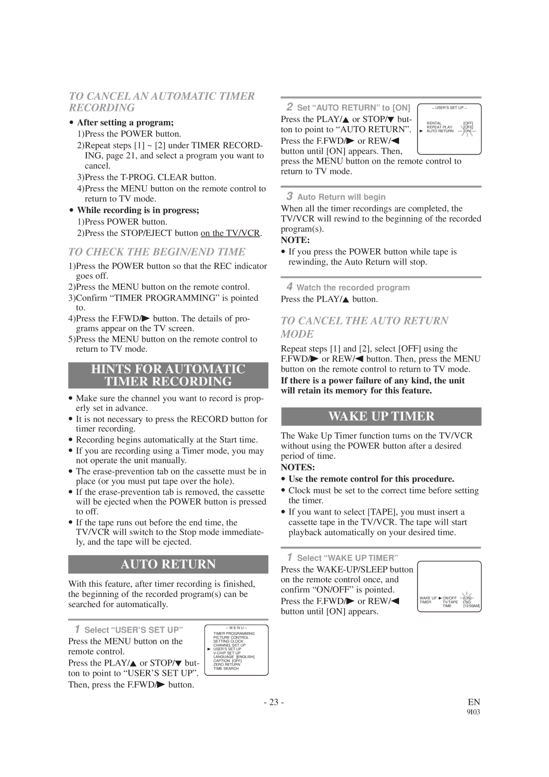 Sylvania SRC2213E owner manual Hints for Automatic Timer Recording, Wake UP Timer, Auto Return 