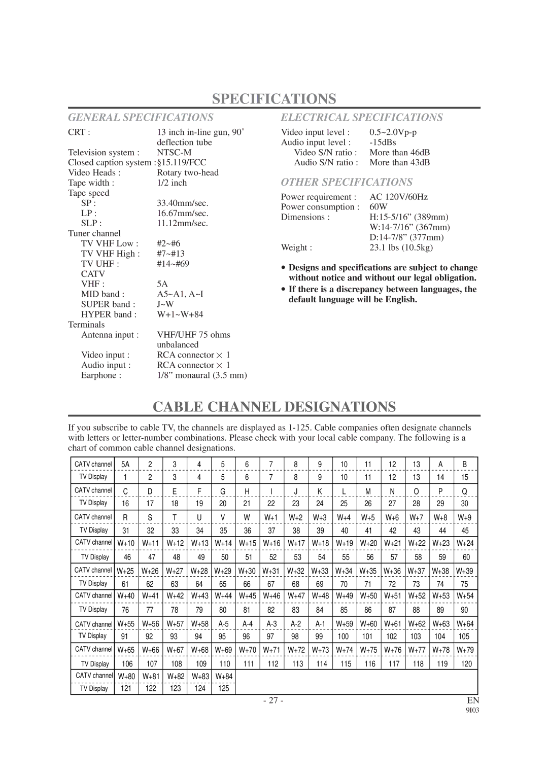 Sylvania SRC2213E Cable Channel Designations, General Specifications, Electrical Specifications, Other Specifications 