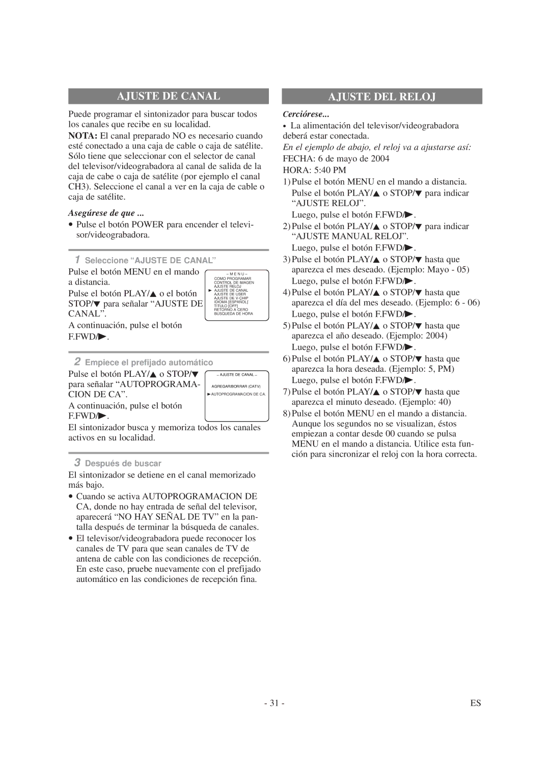 Sylvania SRC2213E owner manual Cerciórese, Ajuste Reloj, Ajuste Manual Reloj, Cion DE CA, Fwd/B 