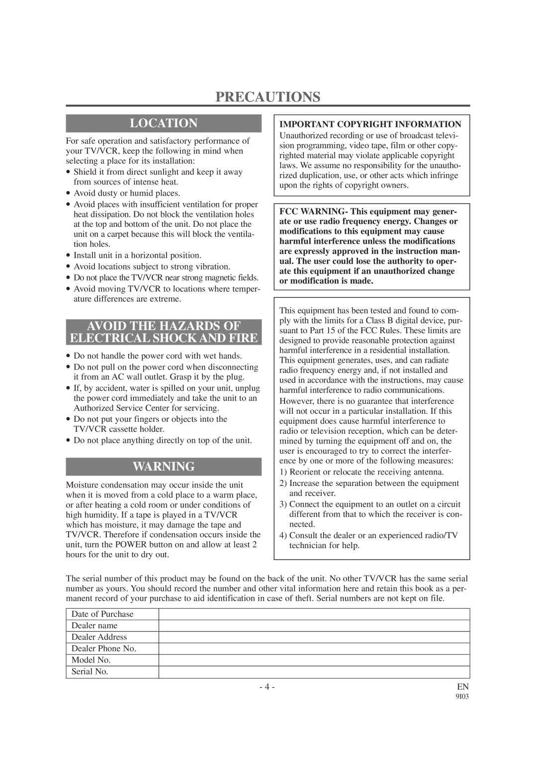 Sylvania SRC2213E Precautions, Location, Avoid the Hazards Electrical Shock and Fire, Important Copyright Information 