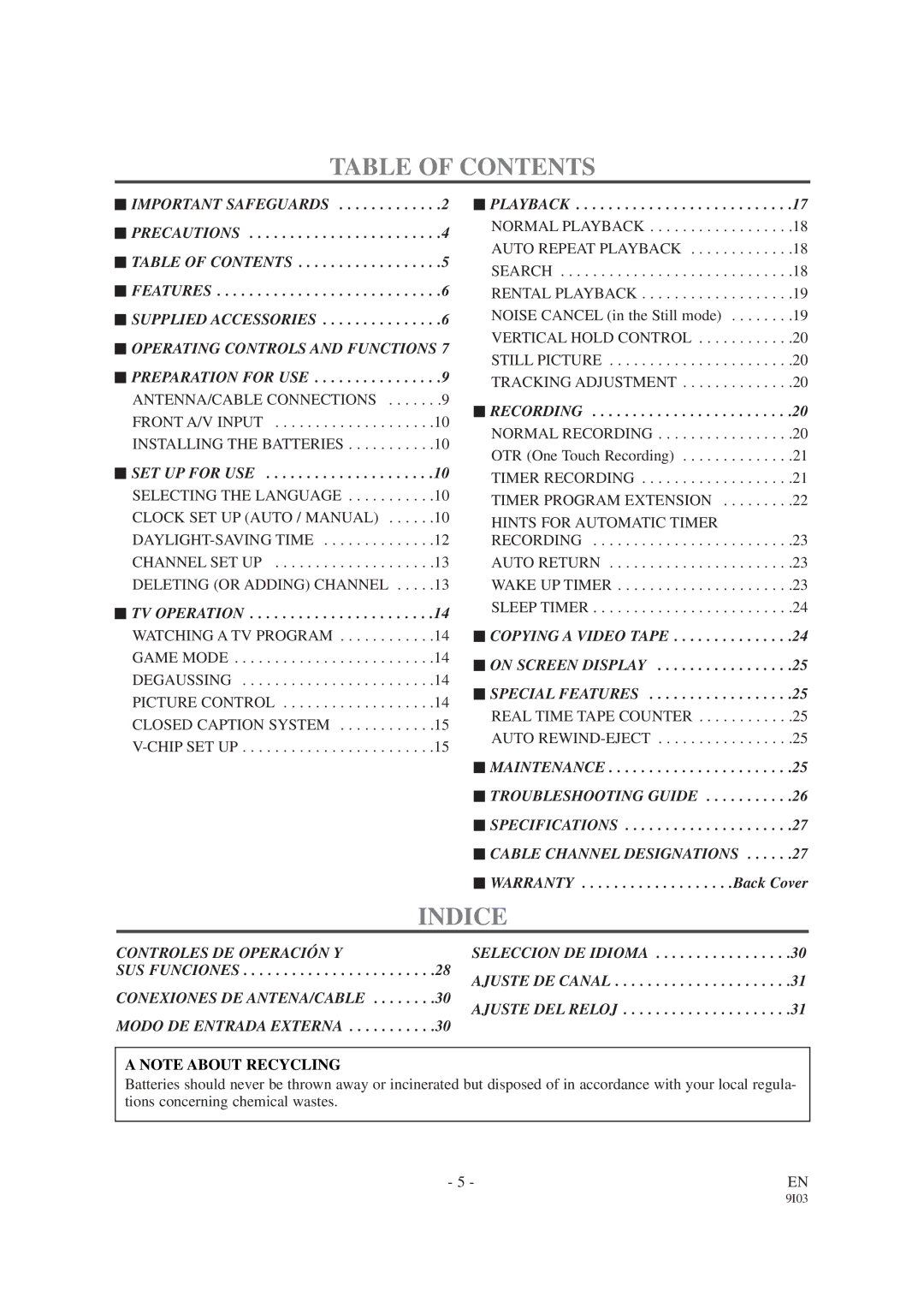 Sylvania SRC2213E owner manual Table of Contents, Indice 