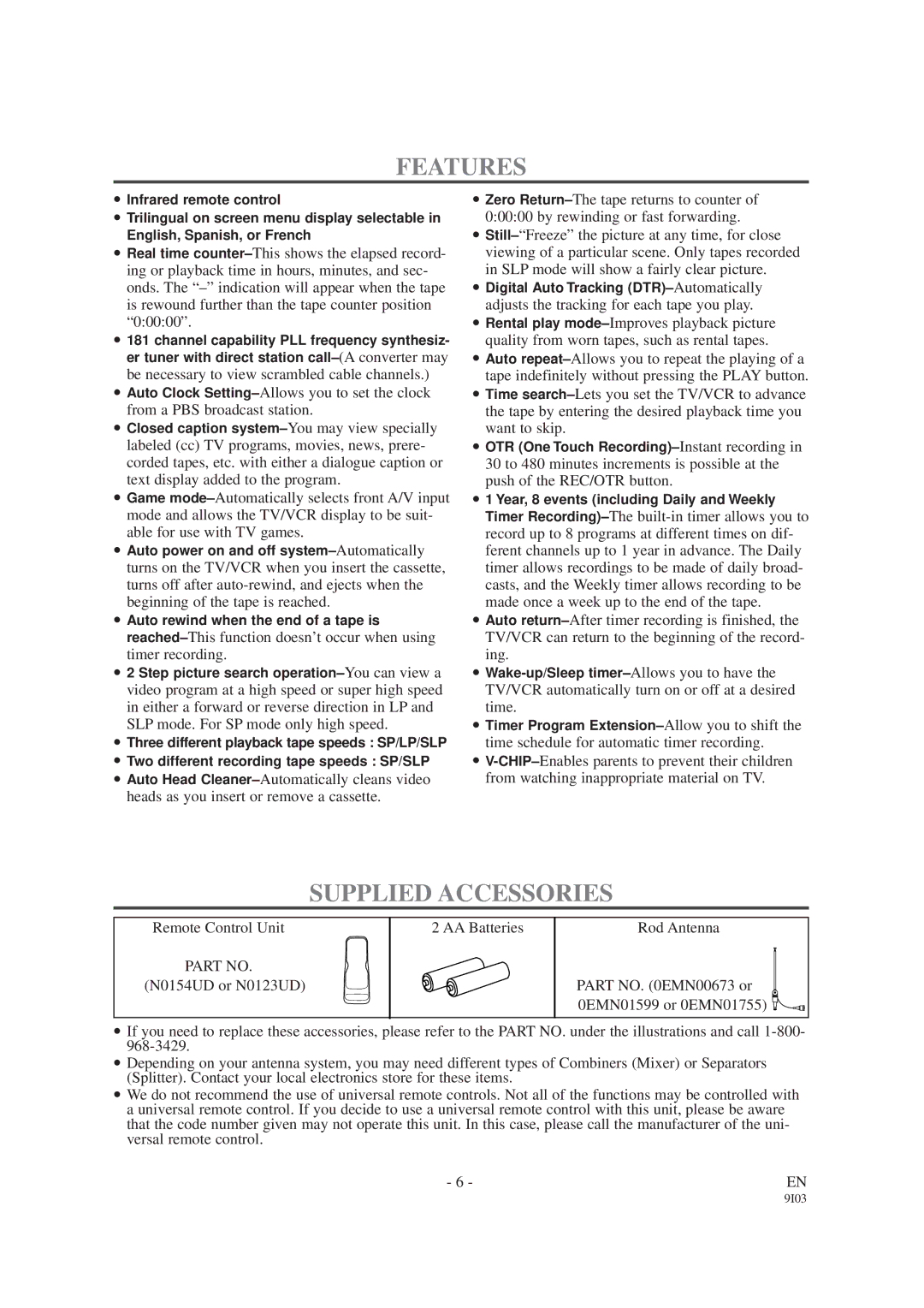 Sylvania SRC2213E owner manual Features, Supplied Accessories 