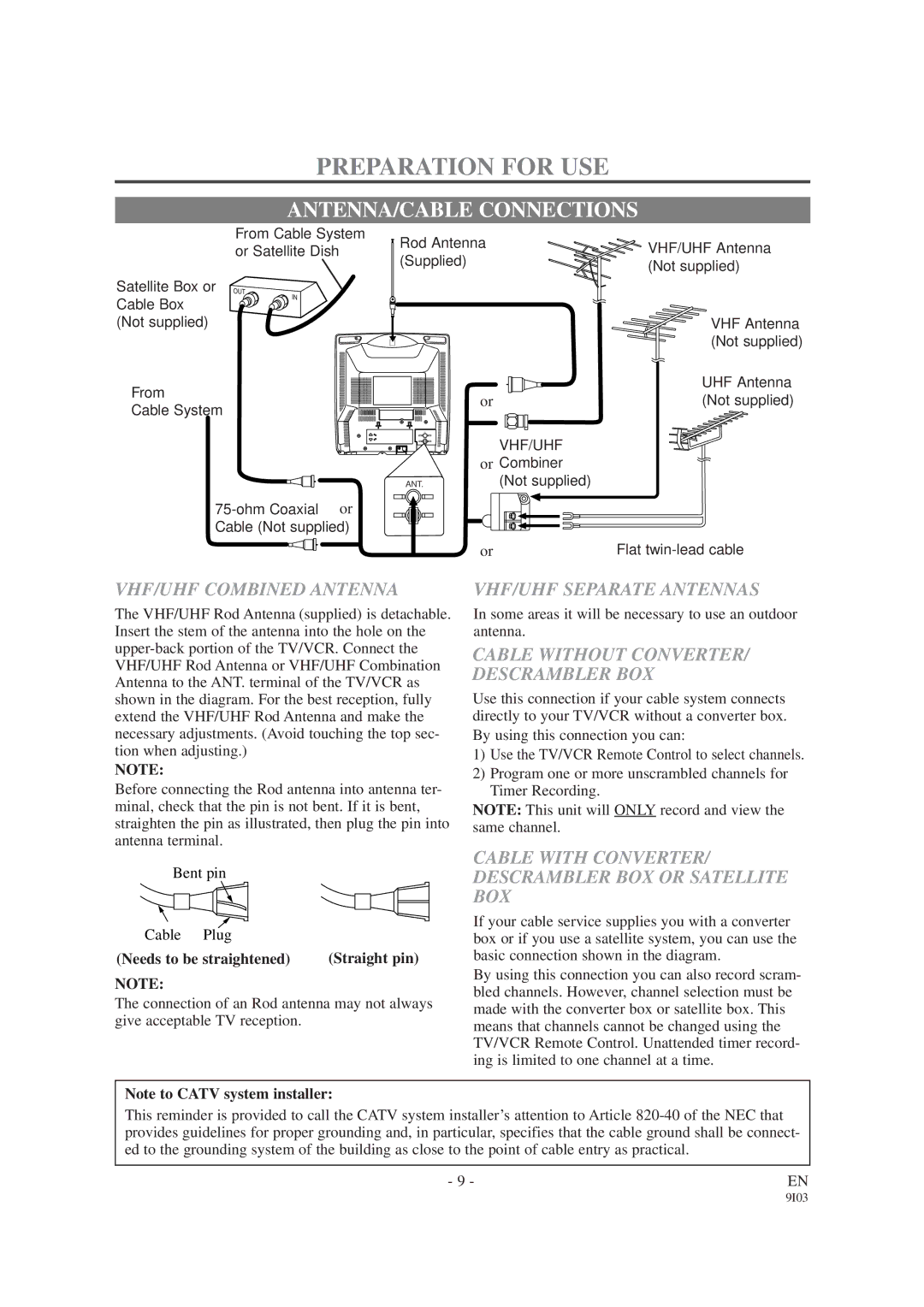 Sylvania SRC2213E owner manual Preparation for USE, ANTENNA/CABLE Connections 