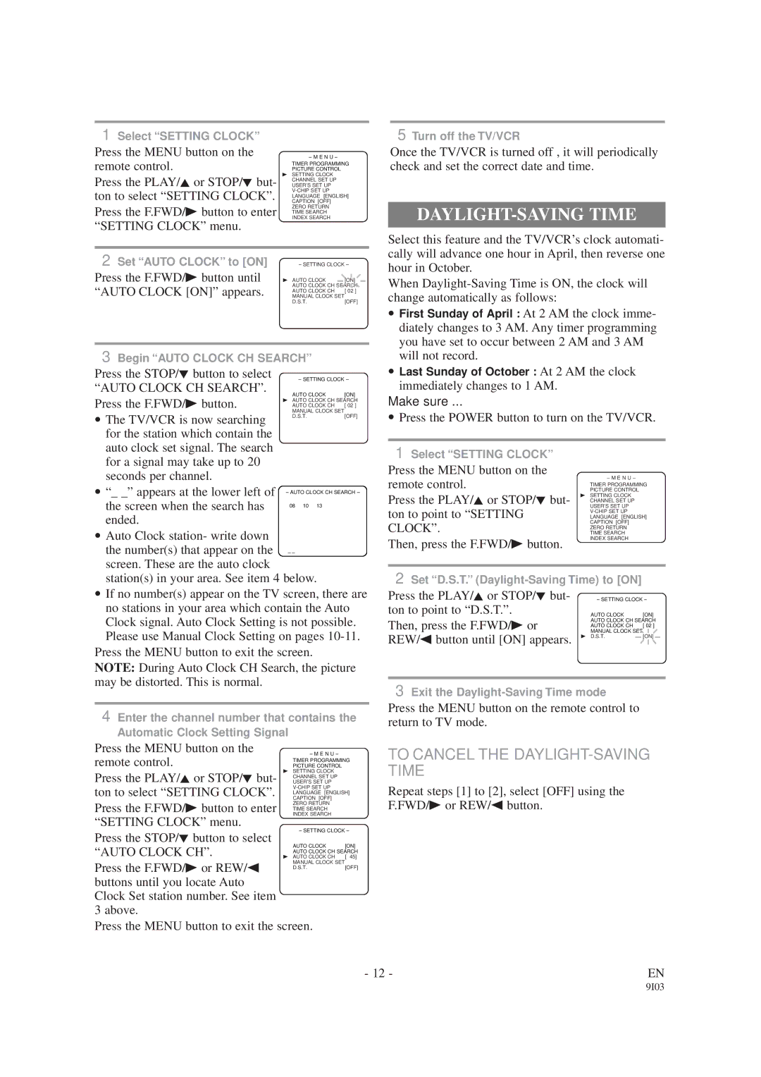 Sylvania SRC2213W, SRC2419 owner manual To Cancel the DAYLIGHT-SAVING Time, Auto Clock CH 