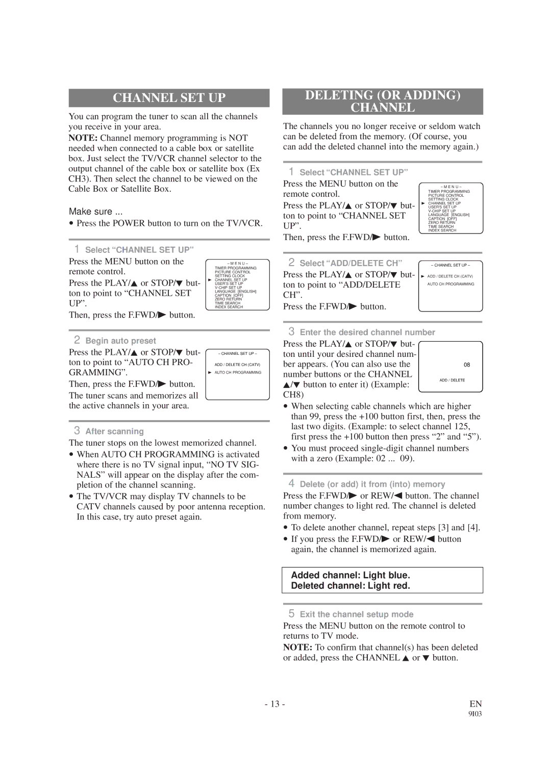 Sylvania SRC2213W, SRC2419 owner manual Channel SET UP, Deleting or Adding Channel 