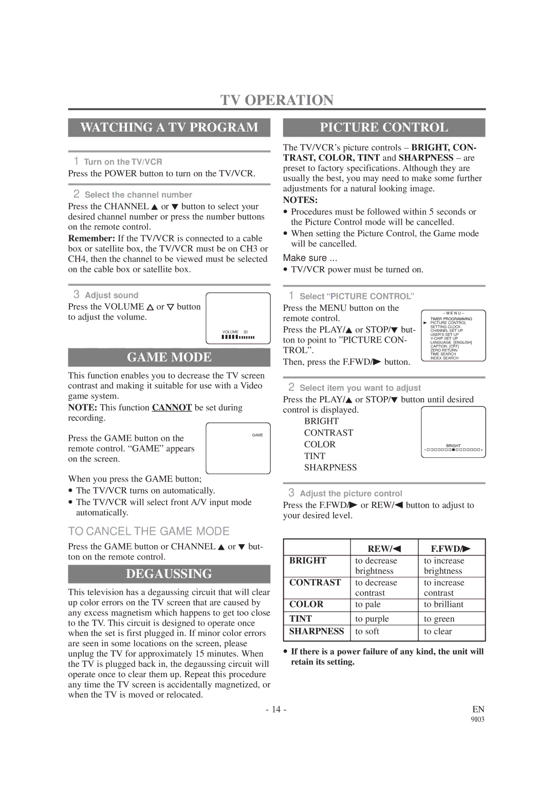 Sylvania SRC2213W, SRC2419 owner manual TV Operation, Watching a TV Program, Picture Control, Game Mode, Degaussing 