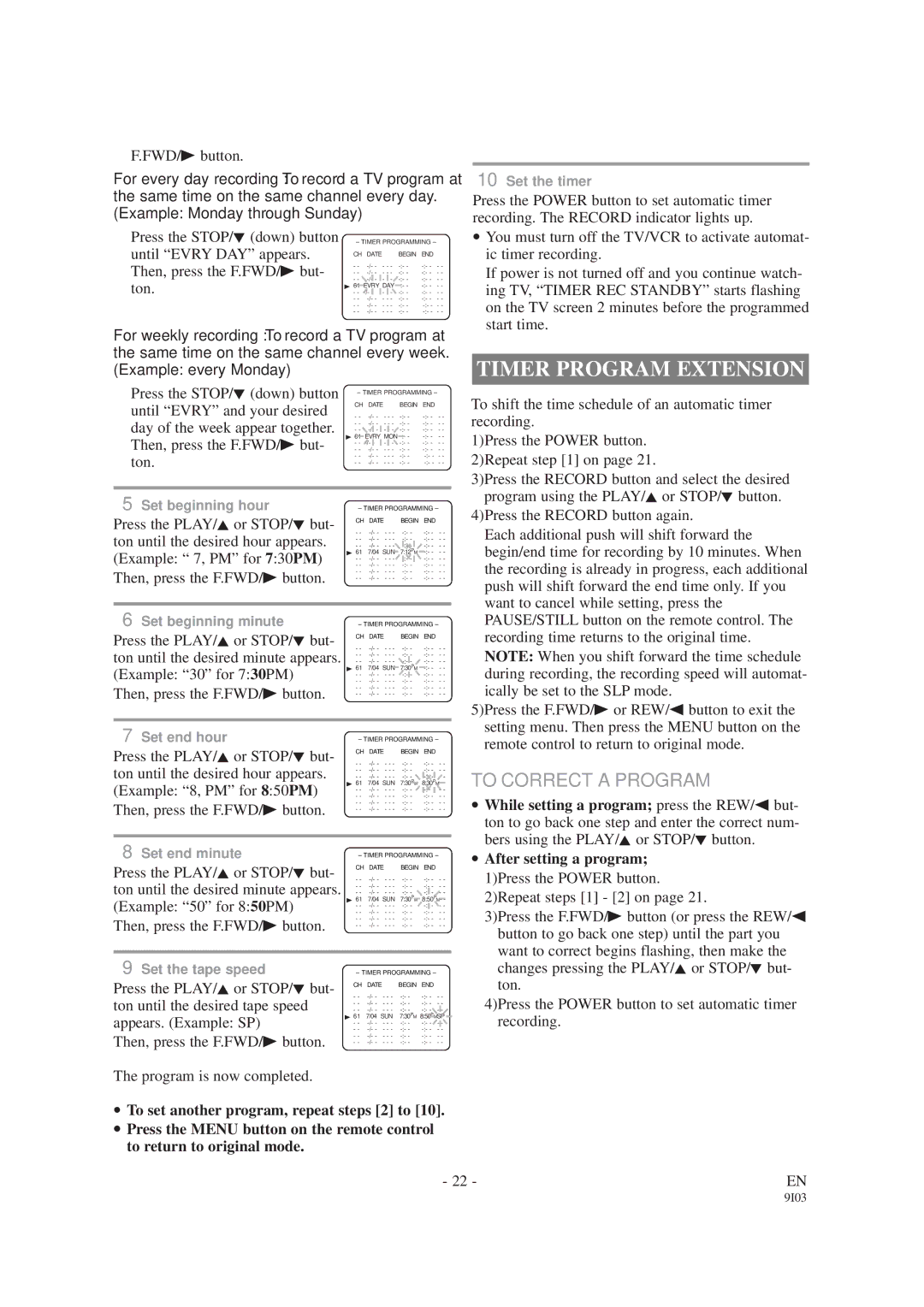 Sylvania SRC2213W, SRC2419 owner manual Timer Program Extension, To Correct a Program 