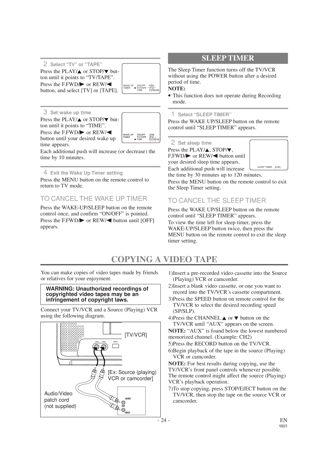 Sylvania SRC2213W, SRC2419 owner manual Copying a Video Tape, To Cancel the Wake UP Timer, To Cancel the Sleep Timer 