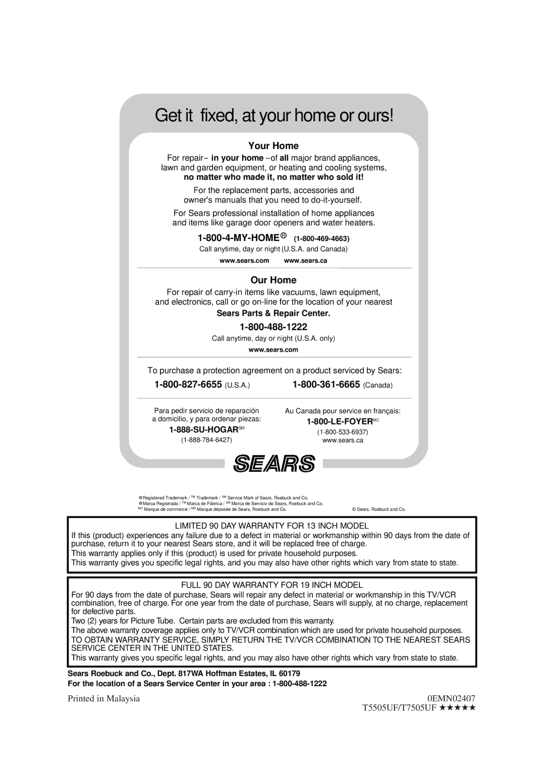 Sylvania SRC2213W, SRC2419 owner manual Get it fixed, at your home or ours 