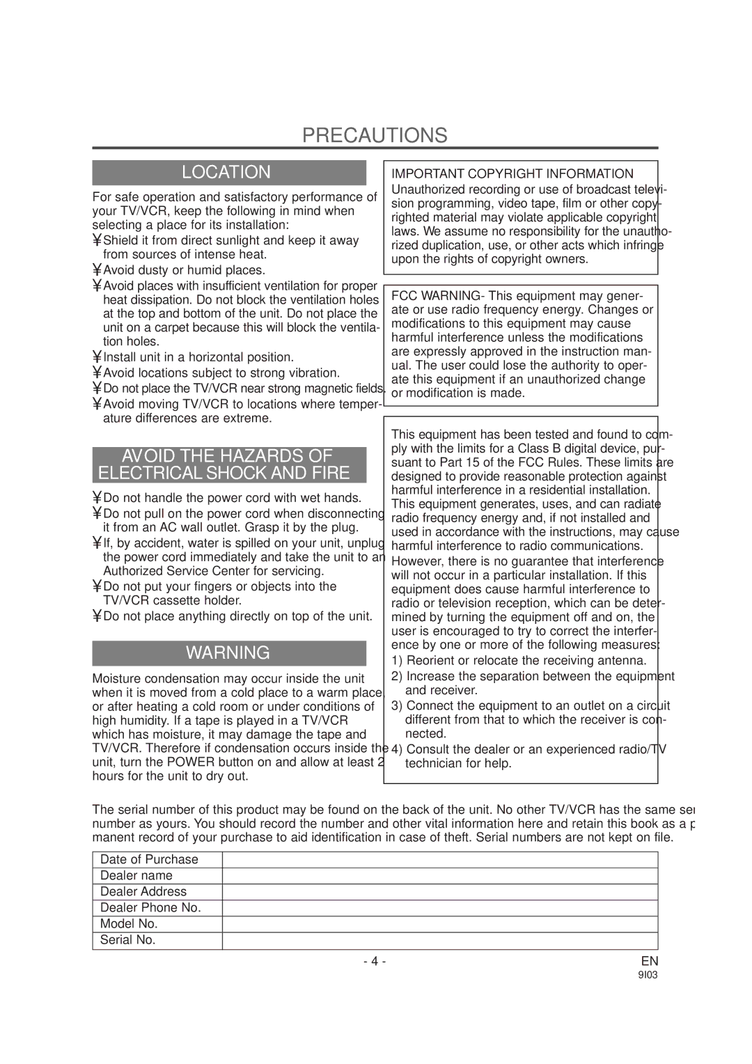 Sylvania SRC2213W, SRC2419 owner manual Precautions, Location, Avoid the Hazards Electrical Shock and Fire 