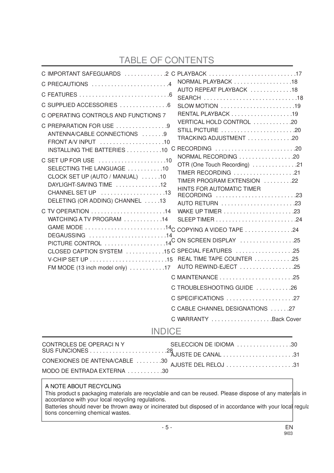 Sylvania SRC2213W, SRC2419 owner manual Table of Contents, Indice 