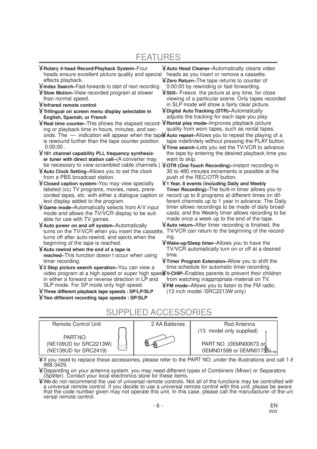 Sylvania SRC2213W, SRC2419 owner manual Features, Supplied Accessories 