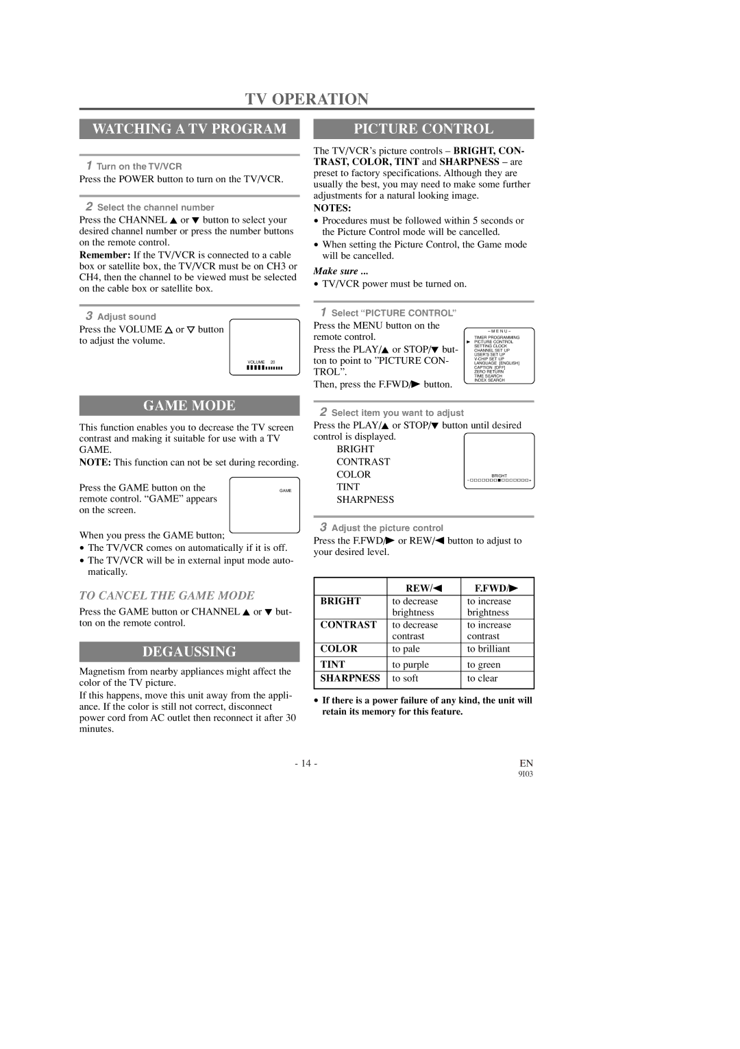 Sylvania SRC2213X owner manual TV Operation, Watching a TV Program, Picture Control, Game Mode, Degaussing 