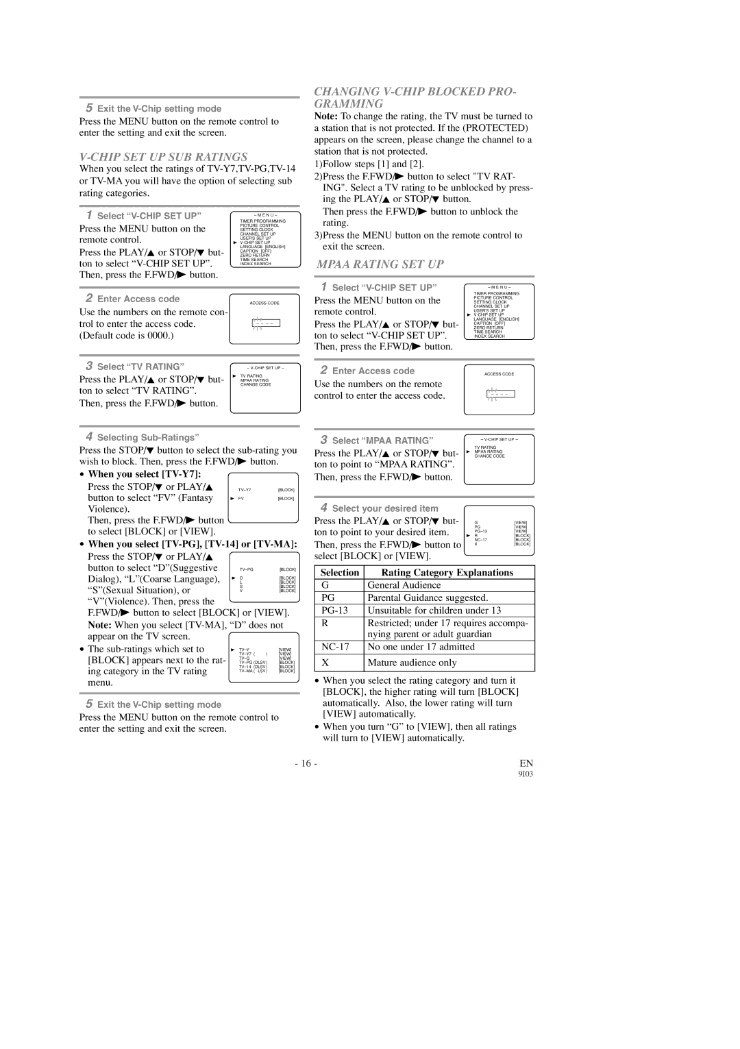 Sylvania SRC2213X owner manual Chip SET UP SUB Ratings, Changing V-CHIP Blocked PRO- Gramming, Mpaa Rating SET UP 