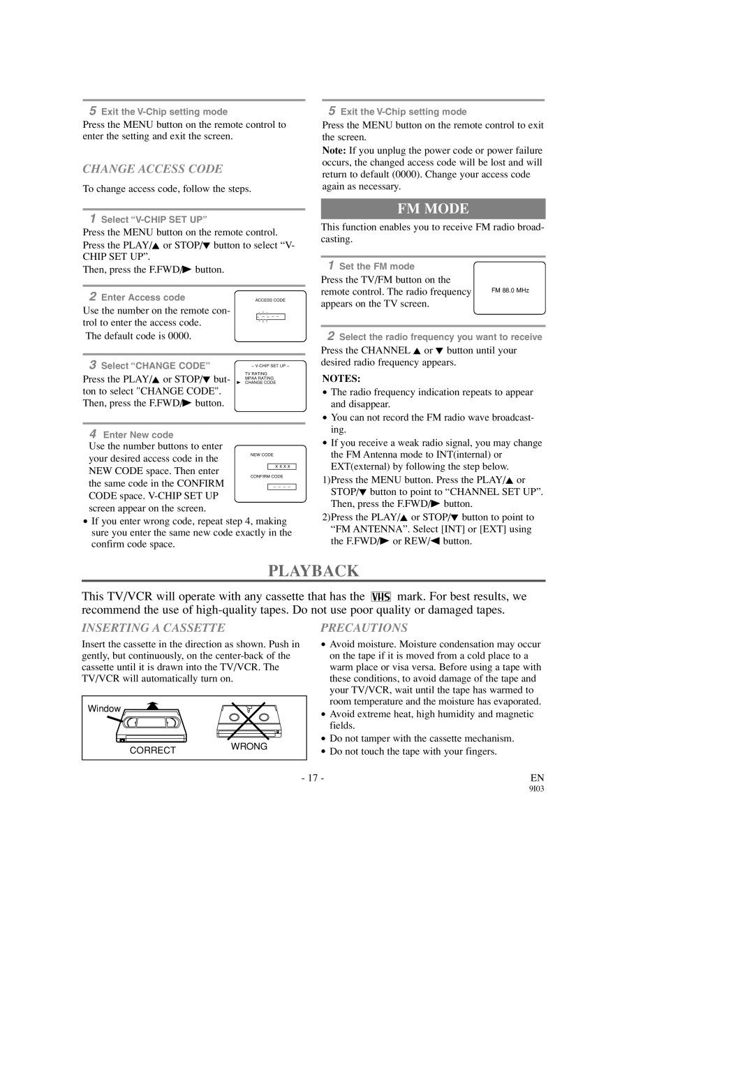 Sylvania SRC2213X owner manual Playback, FM Mode, Change Access Code, Inserting a Cassette, Precautions 