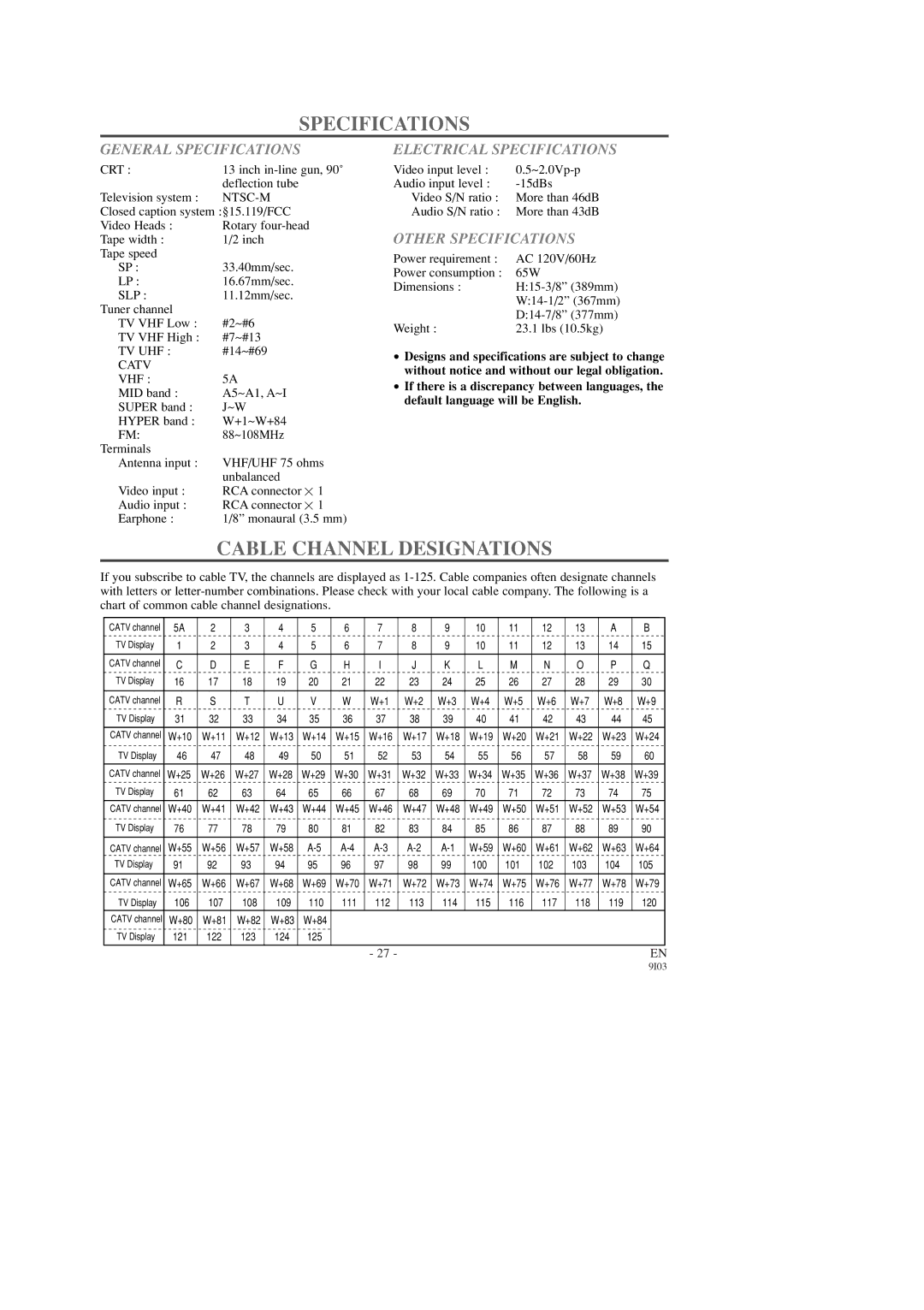 Sylvania SRC2213X Cable Channel Designations, General Specifications, Electrical Specifications, Other Specifications 